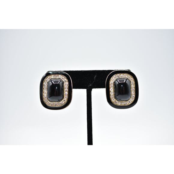 Vintage Earrings Sparkling Rhinestone Crystal Statement Black Enamel Thick Bin8 - Picture 1 of 10